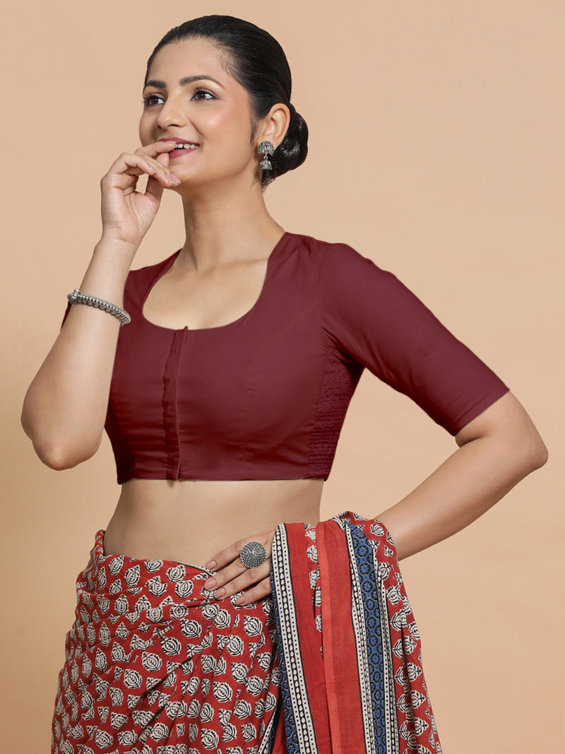 Sajal x Rozaana | Pot Neck Royal Maroon Plain Cotton Saree Blouse-Binks