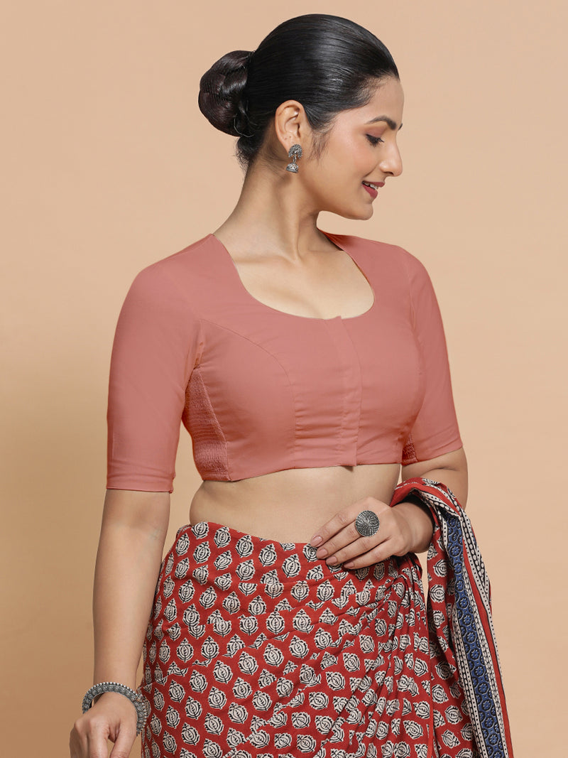 Sajal x Rozaana | Pot Neck Soft Peach Plain Cotton Saree Blouse-Binks