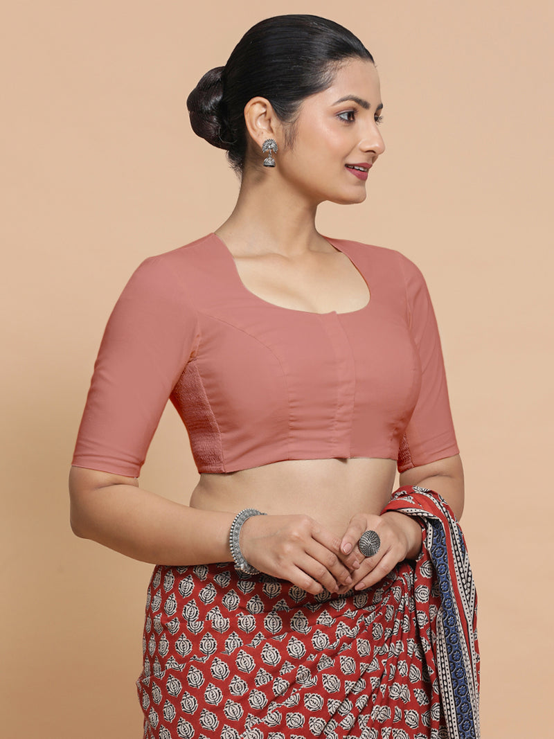 Sajal x Rozaana | Pot Neck Soft Peach Plain Cotton Saree Blouse-Binks