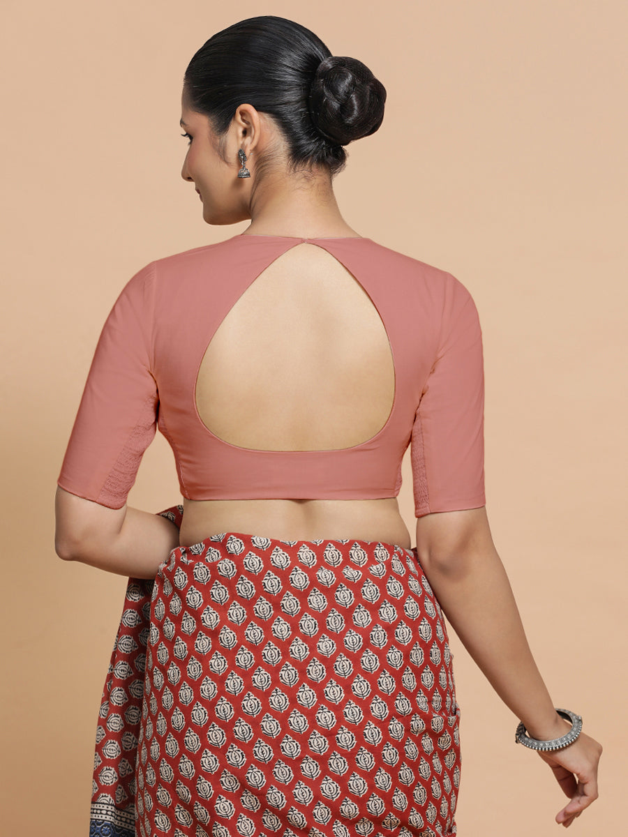 Sajal x Rozaana Saree Blouse, in Peach Cotton, featuring elbow sleeves and pot neckline, made for daily & work (view 2).
