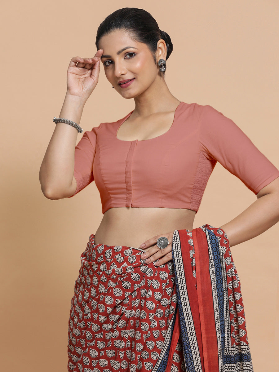 Sajal x Rozaana Saree Blouse, in Peach Cotton, featuring elbow sleeves and pot neckline, made for daily & work (view 8).