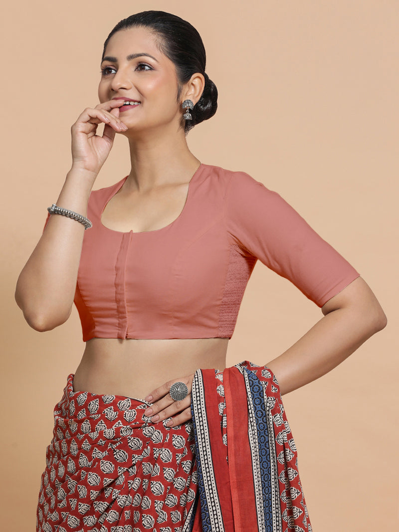 Sajal x Rozaana | Pot Neck Soft Peach Plain Cotton Saree Blouse-Binks