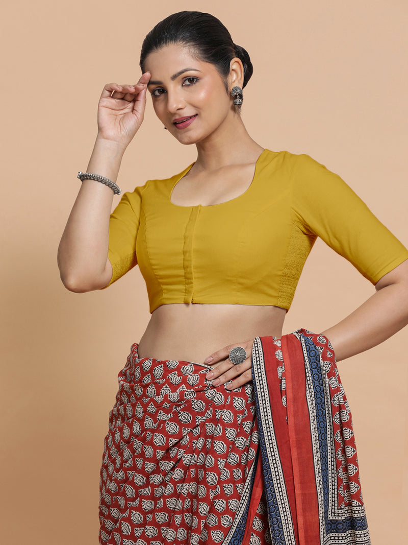 Sajal x Rozaana | Pot Neck Sunny Yellow Plain Cotton Saree Blouse-Binks
