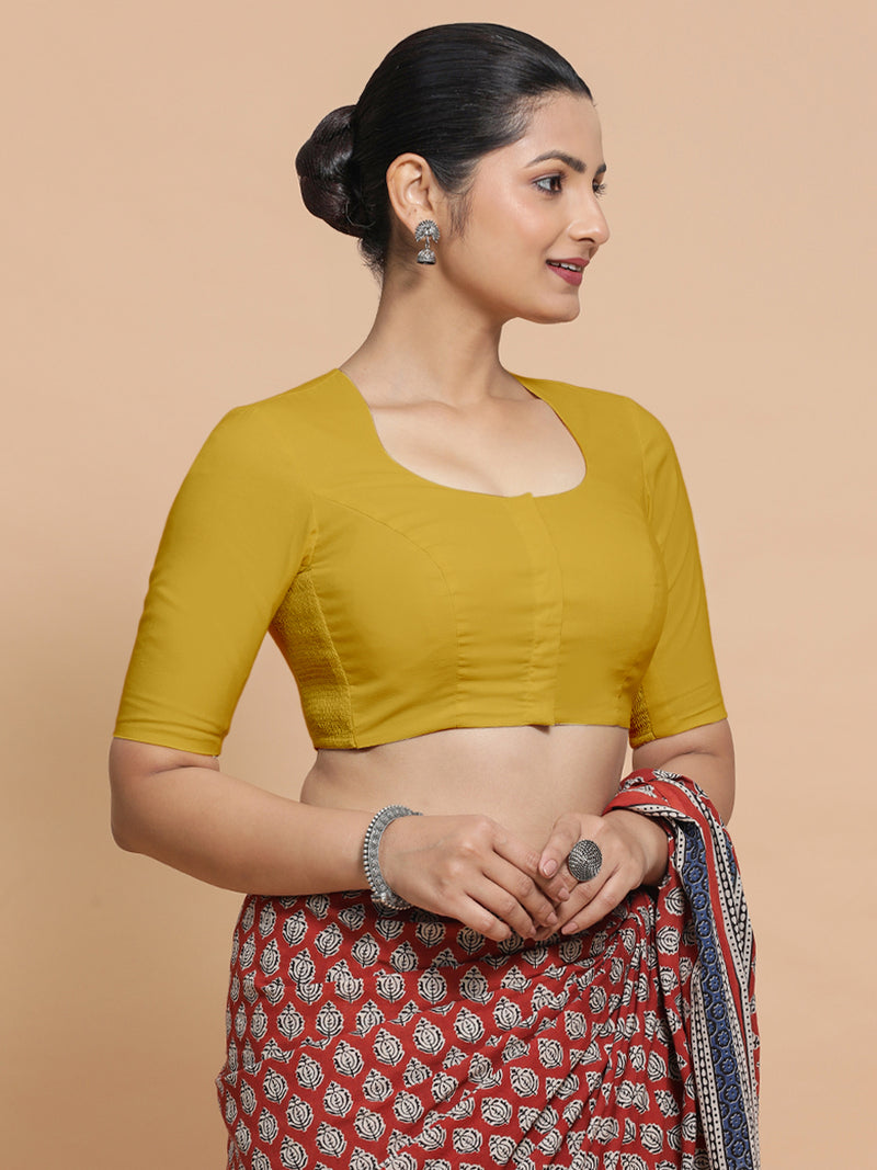 Sajal x Rozaana | Pot Neck Sunny Yellow Plain Cotton Saree Blouse-Binks