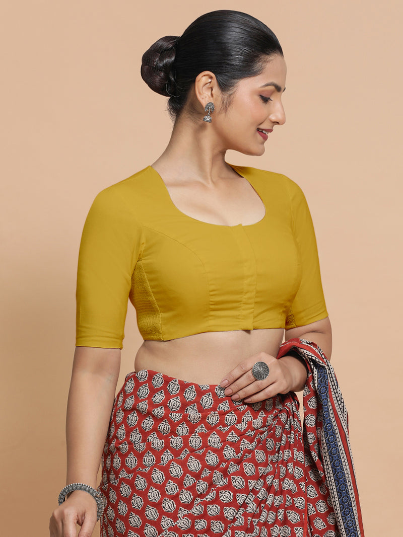 Sajal x Rozaana | Pot Neck Sunny Yellow Plain Cotton Saree Blouse-Binks