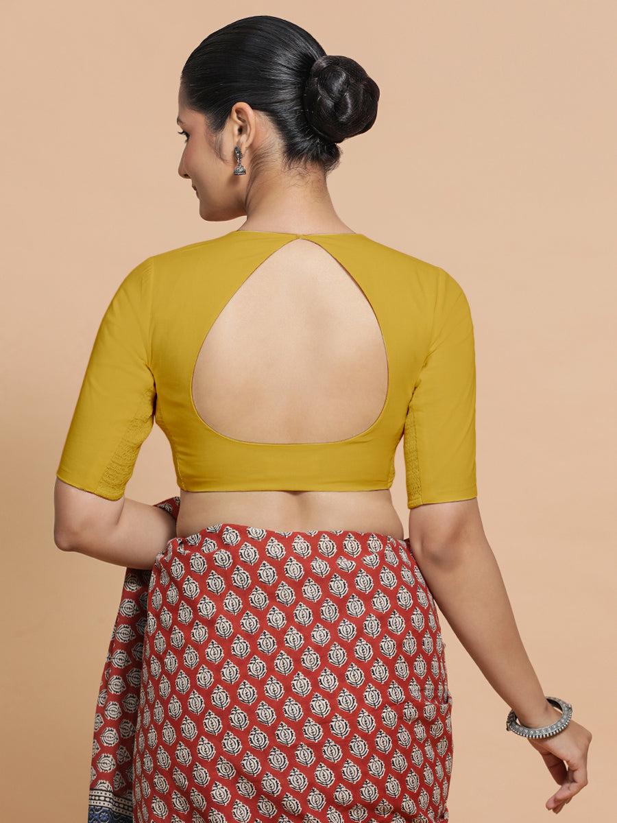 Sajal x Rozaana Saree Blouse, in Yellow Cotton, featuring elbow sleeves and pot neckline, made for daily & work (view 2).