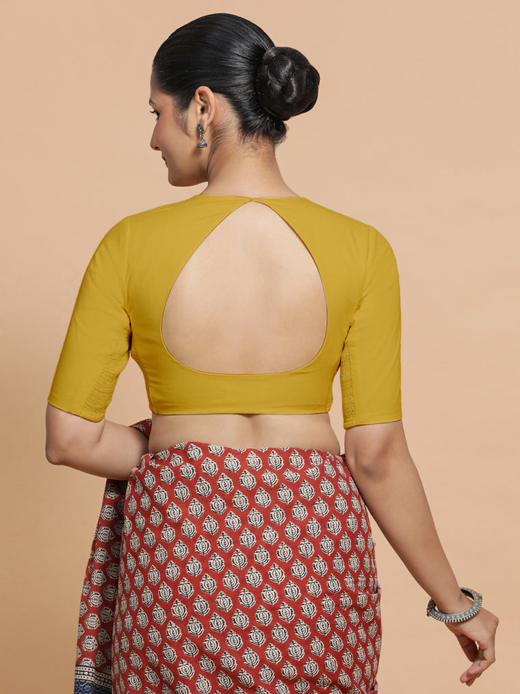 Sajal x Rozaana Saree Blouse, in Yellow Cotton, featuring elbow sleeves and pot neckline, made for daily & work (view 2).