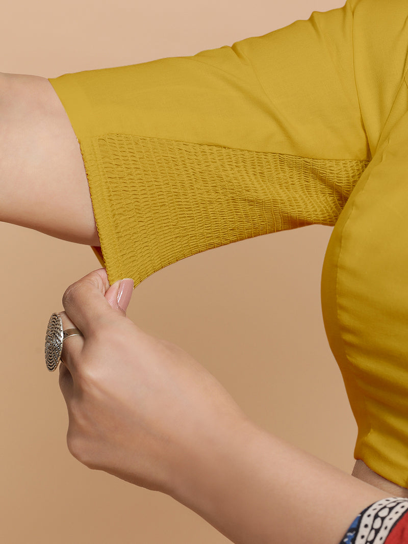 Sajal x Rozaana | Pot Neck Sunny Yellow Plain Cotton Saree Blouse-Binks