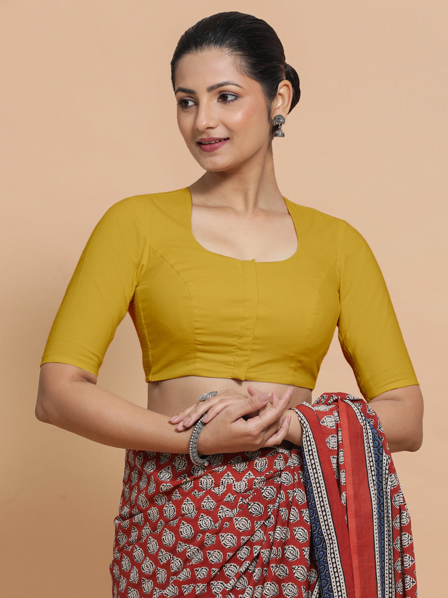 Sajal x Rozaana Saree Blouse, in Yellow Cotton, featuring elbow sleeves and pot neckline, made for daily & work (view 5).