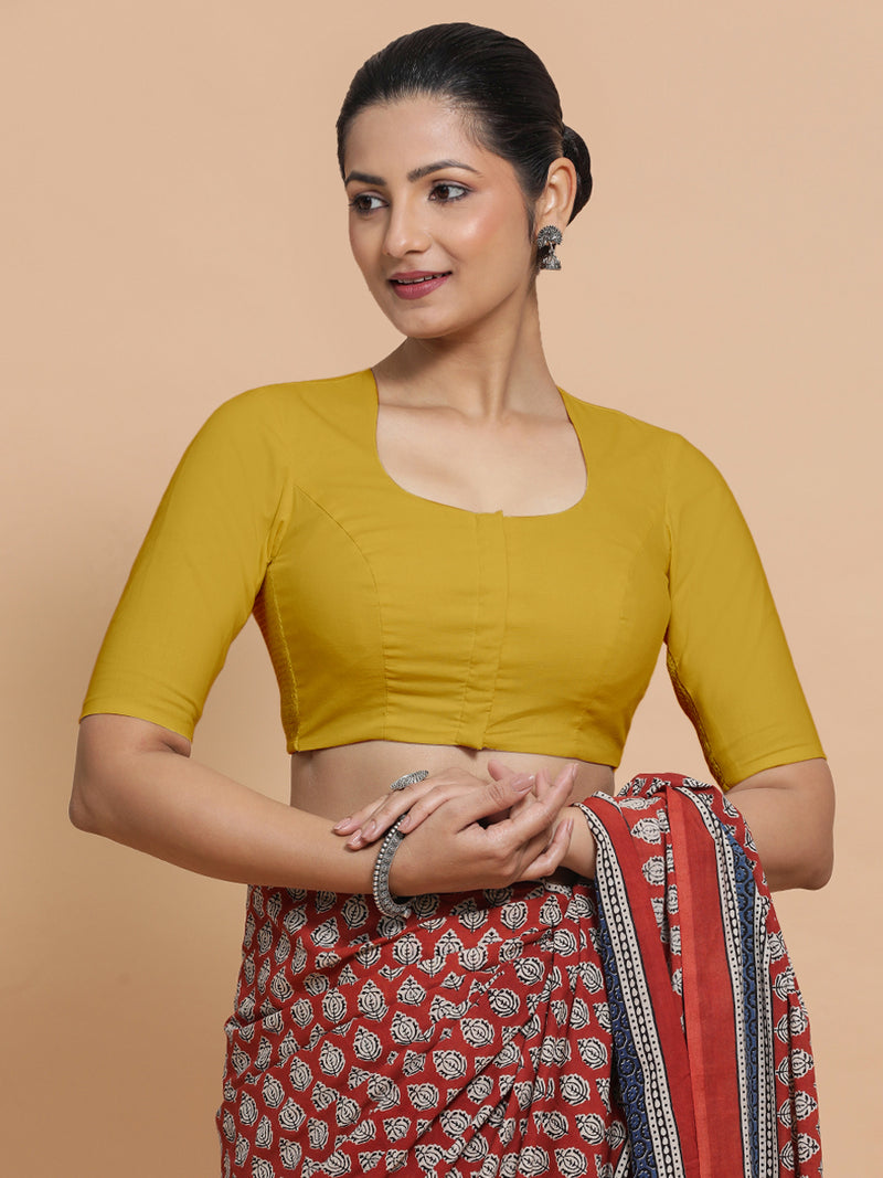 Sajal x Rozaana | Pot Neck Sunny Yellow Plain Cotton Saree Blouse-Binks