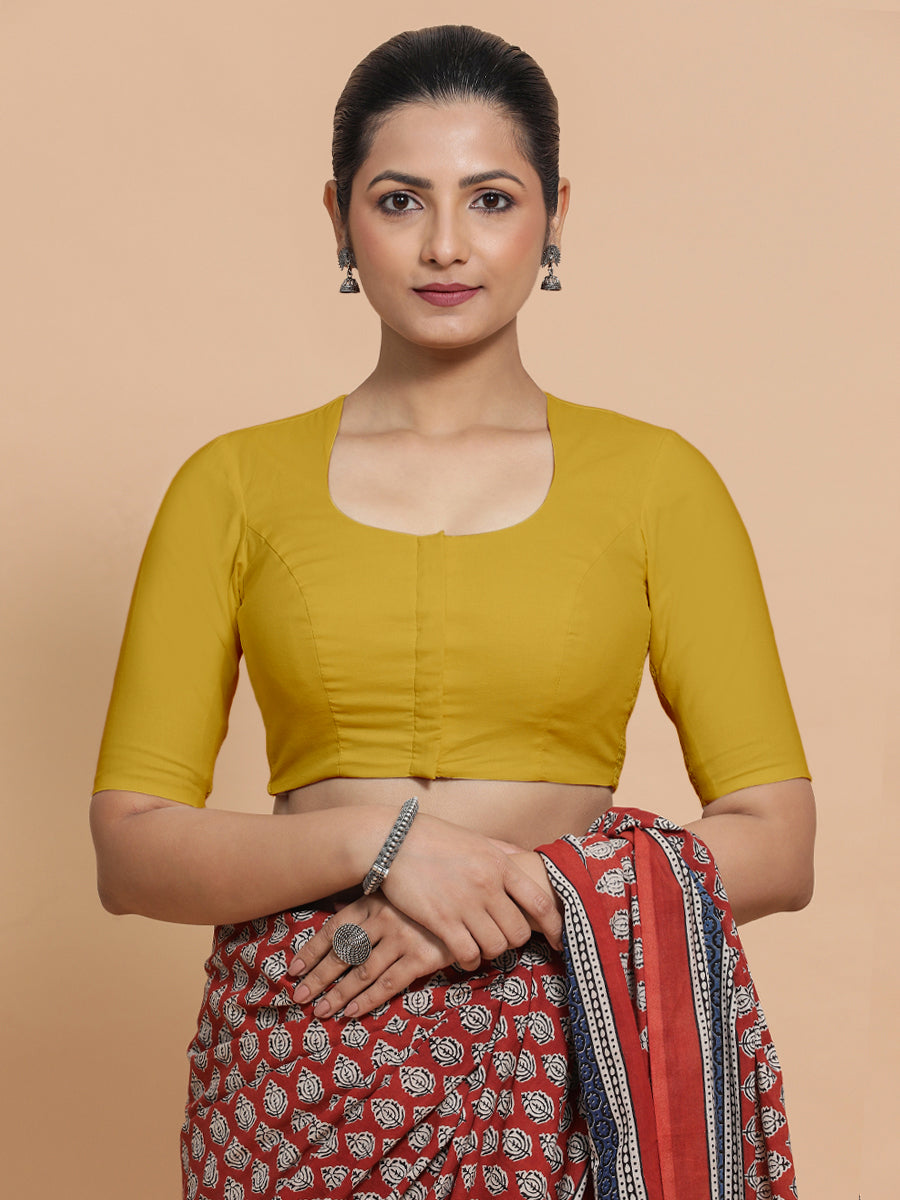 Sajal x Rozaana Saree Blouse, in Yellow Cotton, featuring elbow sleeves and pot neckline, made for daily & work (view 6).