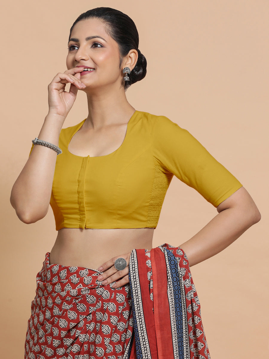 Sajal x Rozaana Saree Blouse, in Yellow Cotton, featuring elbow sleeves and pot neckline, made for daily & work (view 8).