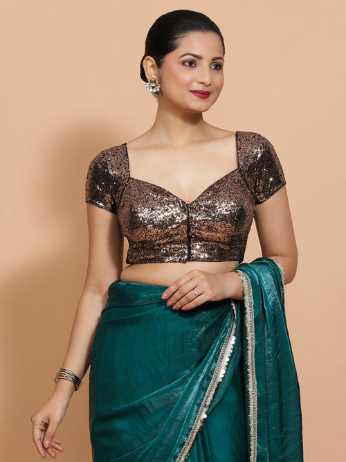 Sakshi x Tyohaar Saree Blouse, in Gold Sequin, featuring short sleeves and sweetheart neckline, made for party & festive.