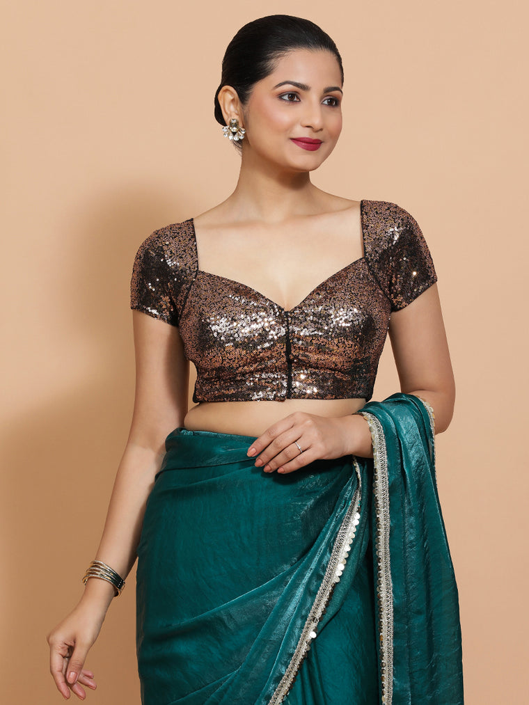 Sakshi x Tyohaar Saree Blouse, in Gold Sequin, featuring short sleeves and sweetheart neckline, made for party & festive.