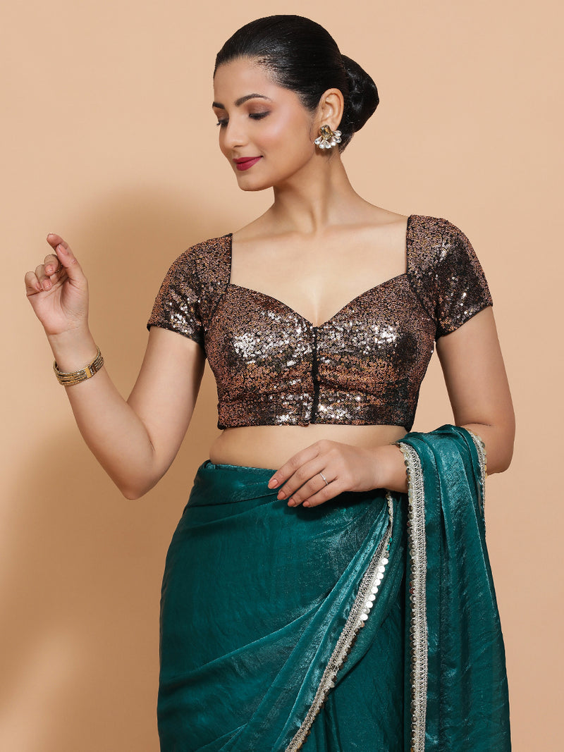 Sakshi x Tyohaar | Cap Sleeves Black & Gold Sequined Saree Blouse with Sweetheart Neck-Binks