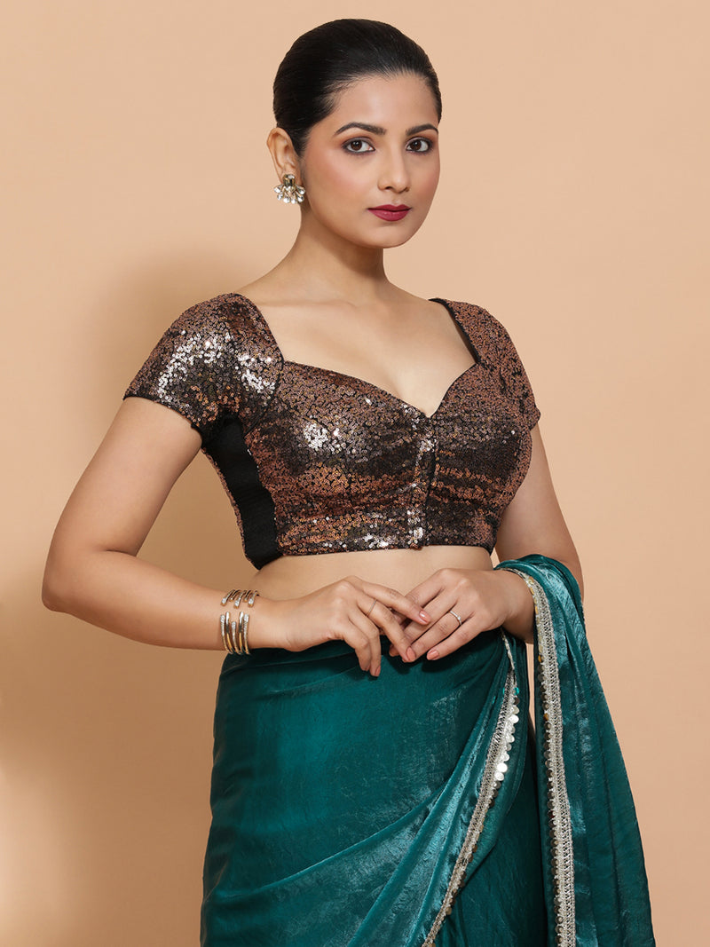 Sakshi x Tyohaar | Cap Sleeves Black & Gold Sequined Saree Blouse with Sweetheart Neck-Binks