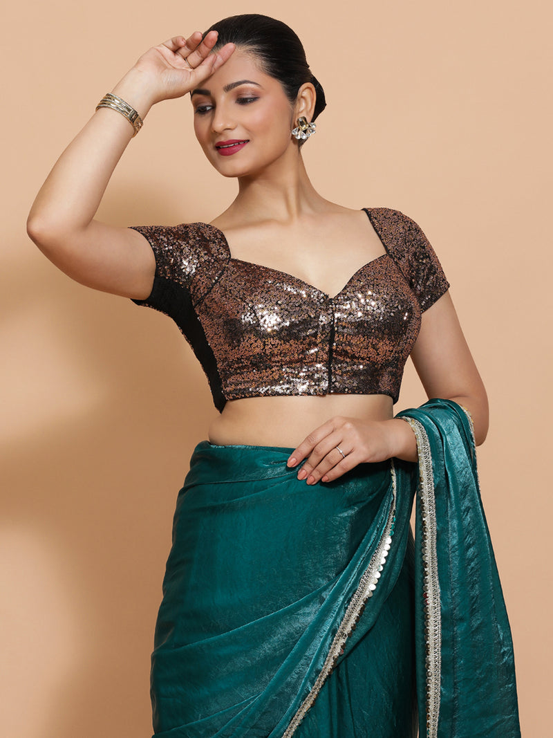 Sakshi x Tyohaar | Cap Sleeves Black & Gold Sequined Saree Blouse with Sweetheart Neck-Binks