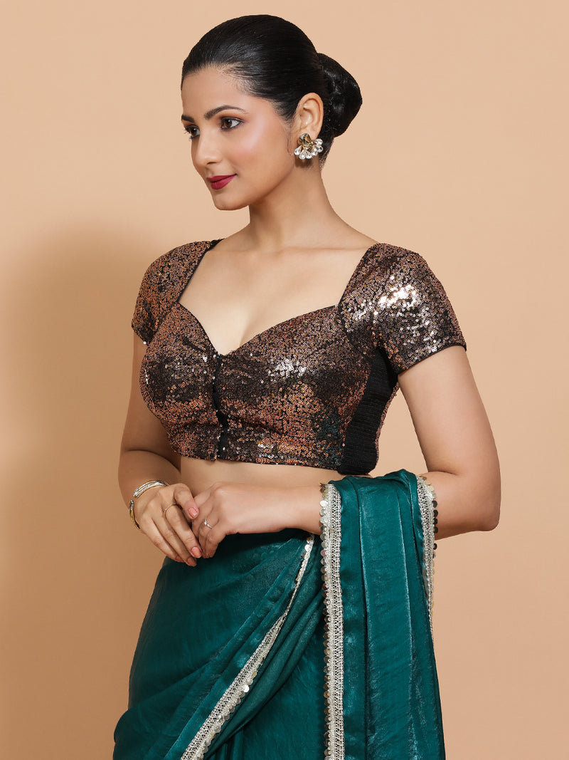Sakshi x Tyohaar | Cap Sleeves Black & Gold Sequined Saree Blouse with Sweetheart Neck-Binks