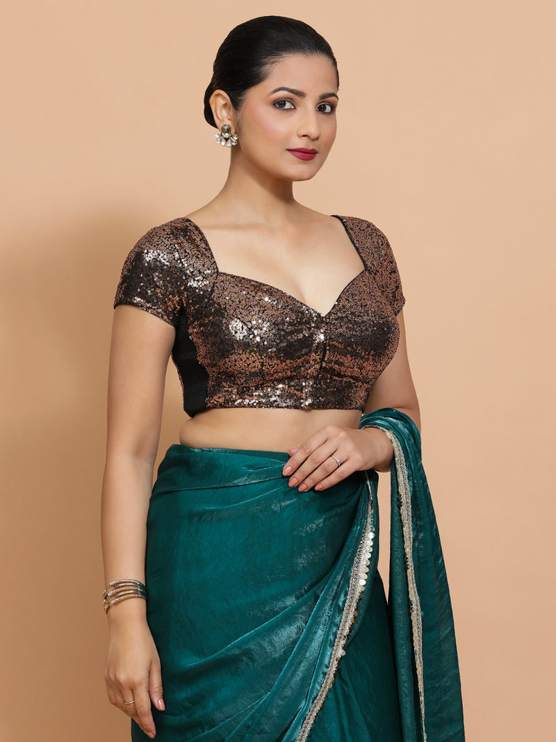 Sakshi x Tyohaar | Cap Sleeves Black & Gold Sequined Saree Blouse with Sweetheart Neck-Binks