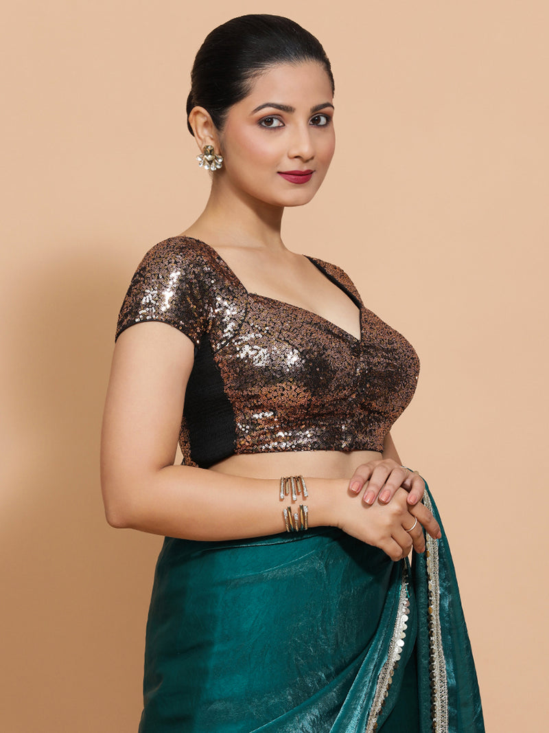 Sakshi x Tyohaar | Cap Sleeves Black & Gold Sequined Saree Blouse with Sweetheart Neck-Binks