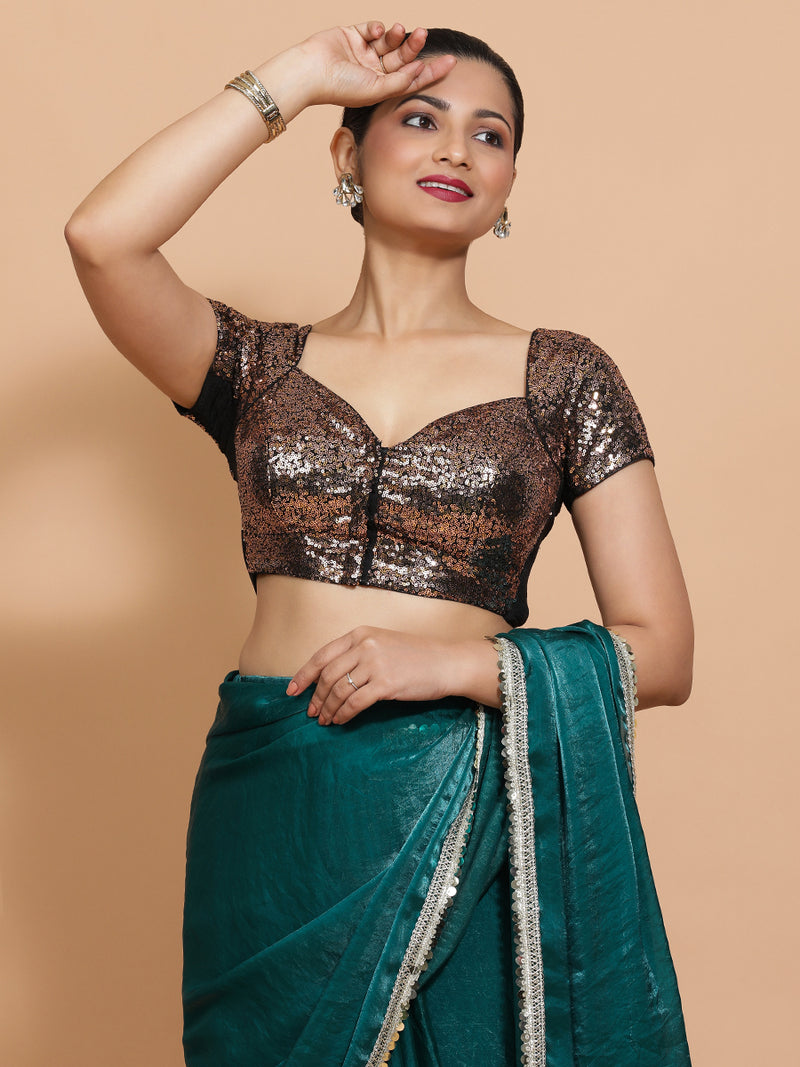 Sakshi x Tyohaar | Cap Sleeves Black & Gold Sequined Saree Blouse with Sweetheart Neck-Binks