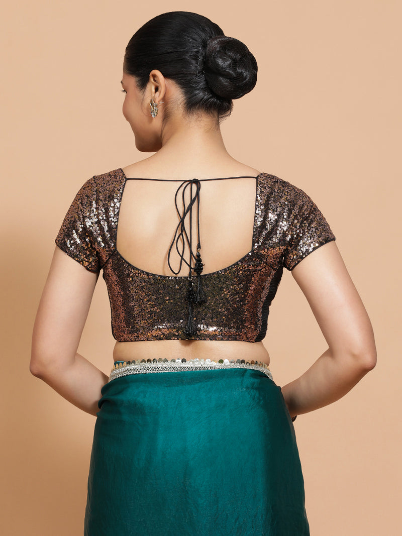 Sakshi x Tyohaar | Cap Sleeves Black & Gold Sequined Saree Blouse with Sweetheart Neck-Binks