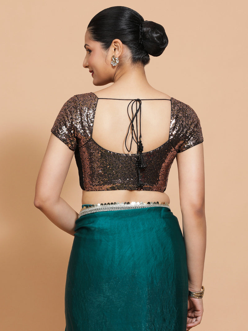 Sakshi x Tyohaar | Cap Sleeves Black & Gold Sequined Saree Blouse with Sweetheart Neck-Binks