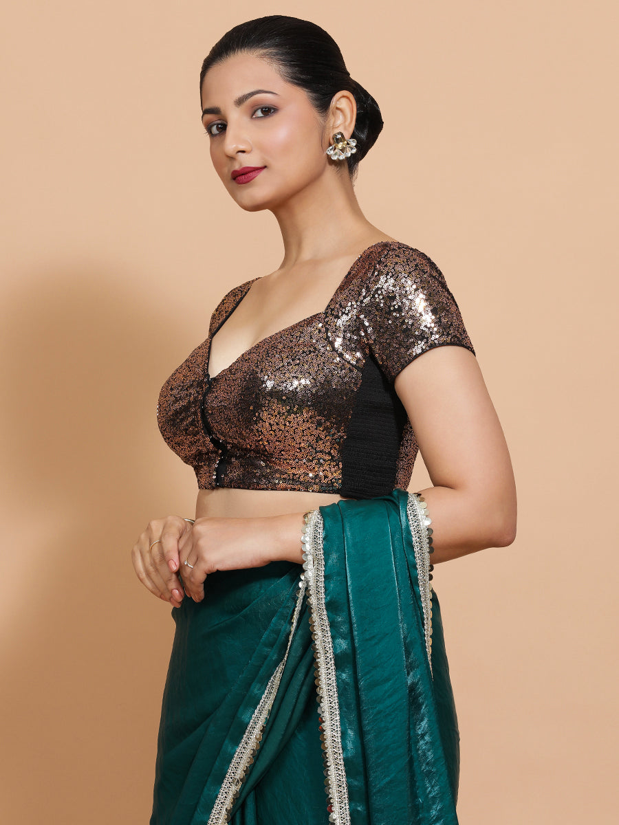 Sakshi x Tyohaar Saree Blouse, in Gold Sequin, featuring short sleeves and sweetheart neckline, made for party & festive.