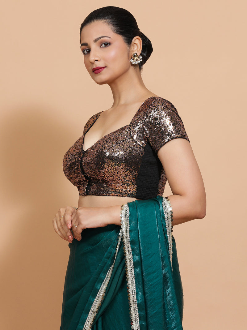 Sakshi x Tyohaar | Cap Sleeves Black & Gold Sequined Saree Blouse with Sweetheart Neck-Binks