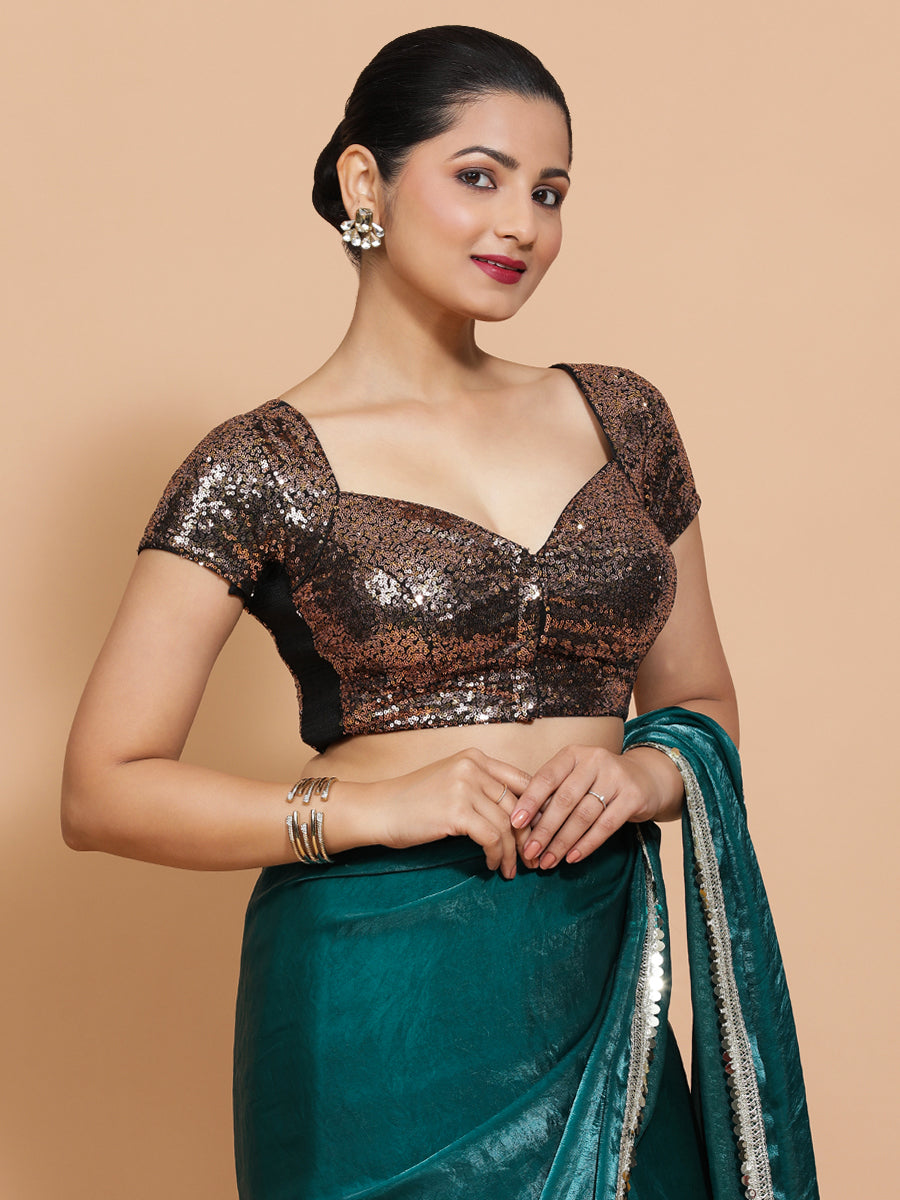 Sakshi x Tyohaar Saree Blouse, in Gold Sequin, featuring short sleeves and sweetheart neckline, made for party & festive.