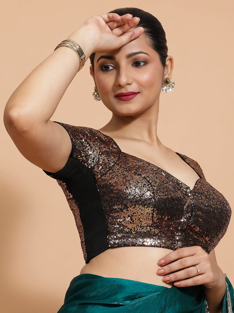 Sakshi x Tyohaar | Cap Sleeves Black & Gold Sequined Saree Blouse with Sweetheart Neck-Binks