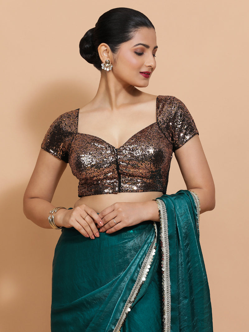 Sakshi x Tyohaar | Cap Sleeves Black & Gold Sequined Saree Blouse with Sweetheart Neck-Binks