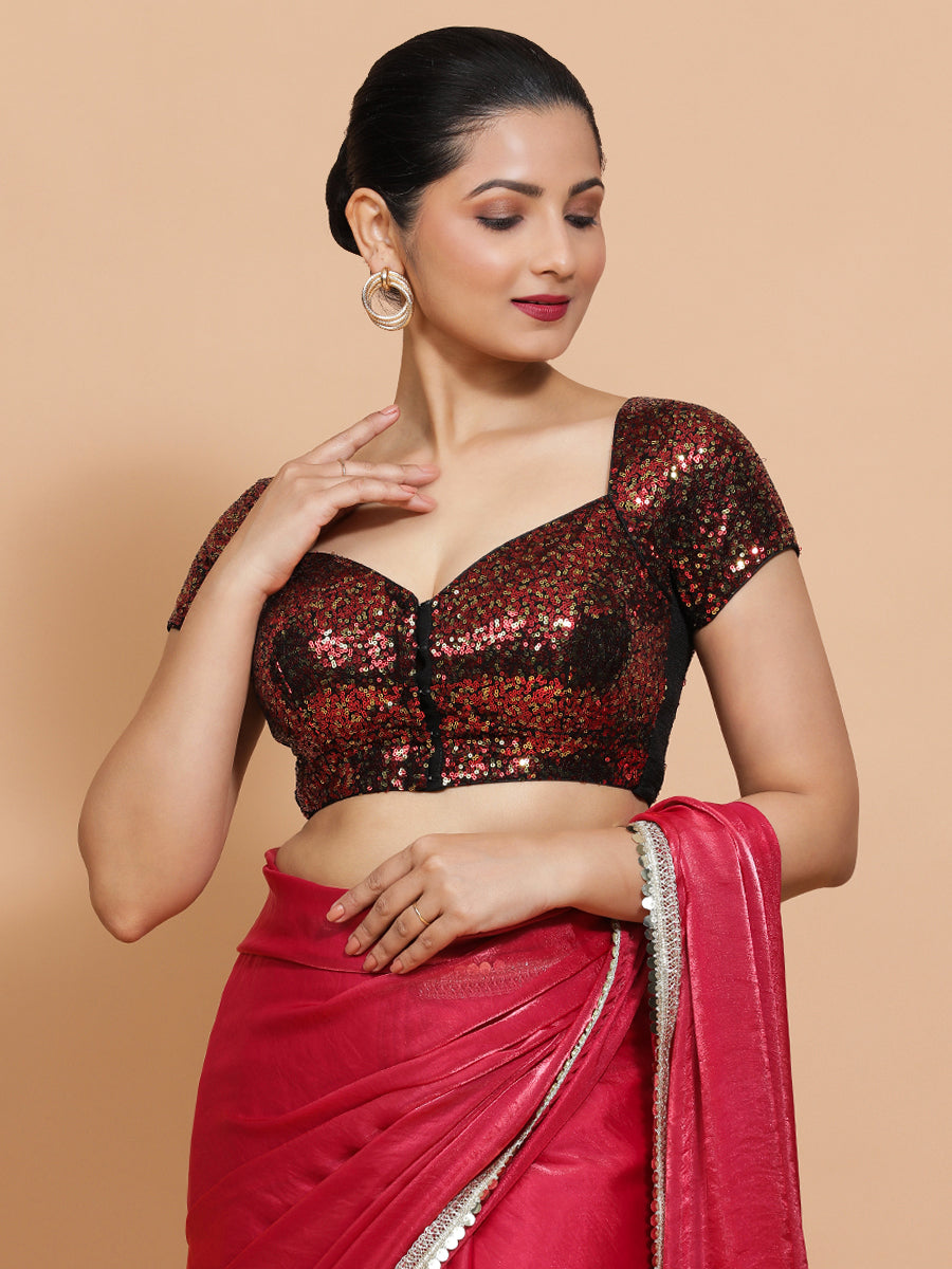 Sakshi x Tyohaar | Cap Sleeves Black & Red Sequined Saree Blouse with Sweetheart Neck