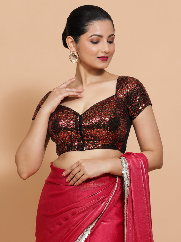 Sakshi x Tyohaar Saree Blouse, in Red Sequin, featuring short sleeves and sweetheart neckline, made for party & festive.