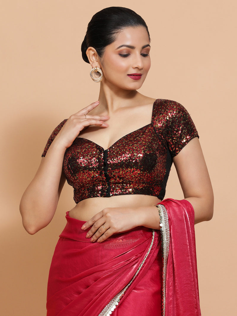 Sakshi x Tyohaar | Cap Sleeves Black & Red Sequined Saree Blouse with Sweetheart Neck-Binks