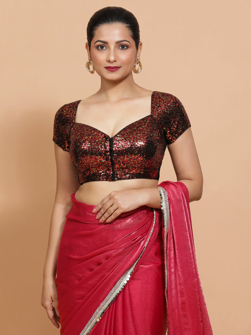 Sakshi x Tyohaar | Cap Sleeves Black & Red Sequined Saree Blouse with Sweetheart Neck-Binks