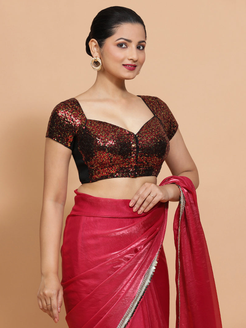 Sakshi x Tyohaar | Cap Sleeves Black & Red Sequined Saree Blouse with Sweetheart Neck-Binks