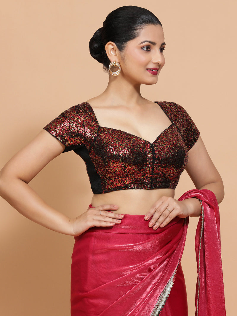 Sakshi x Tyohaar | Cap Sleeves Black & Red Sequined Saree Blouse with Sweetheart Neck-Binks