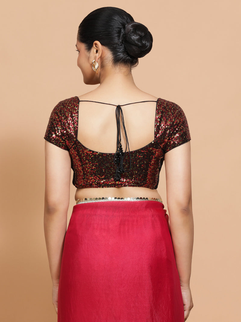 Sakshi x Tyohaar | Cap Sleeves Black & Red Sequined Saree Blouse with Sweetheart Neck-Binks