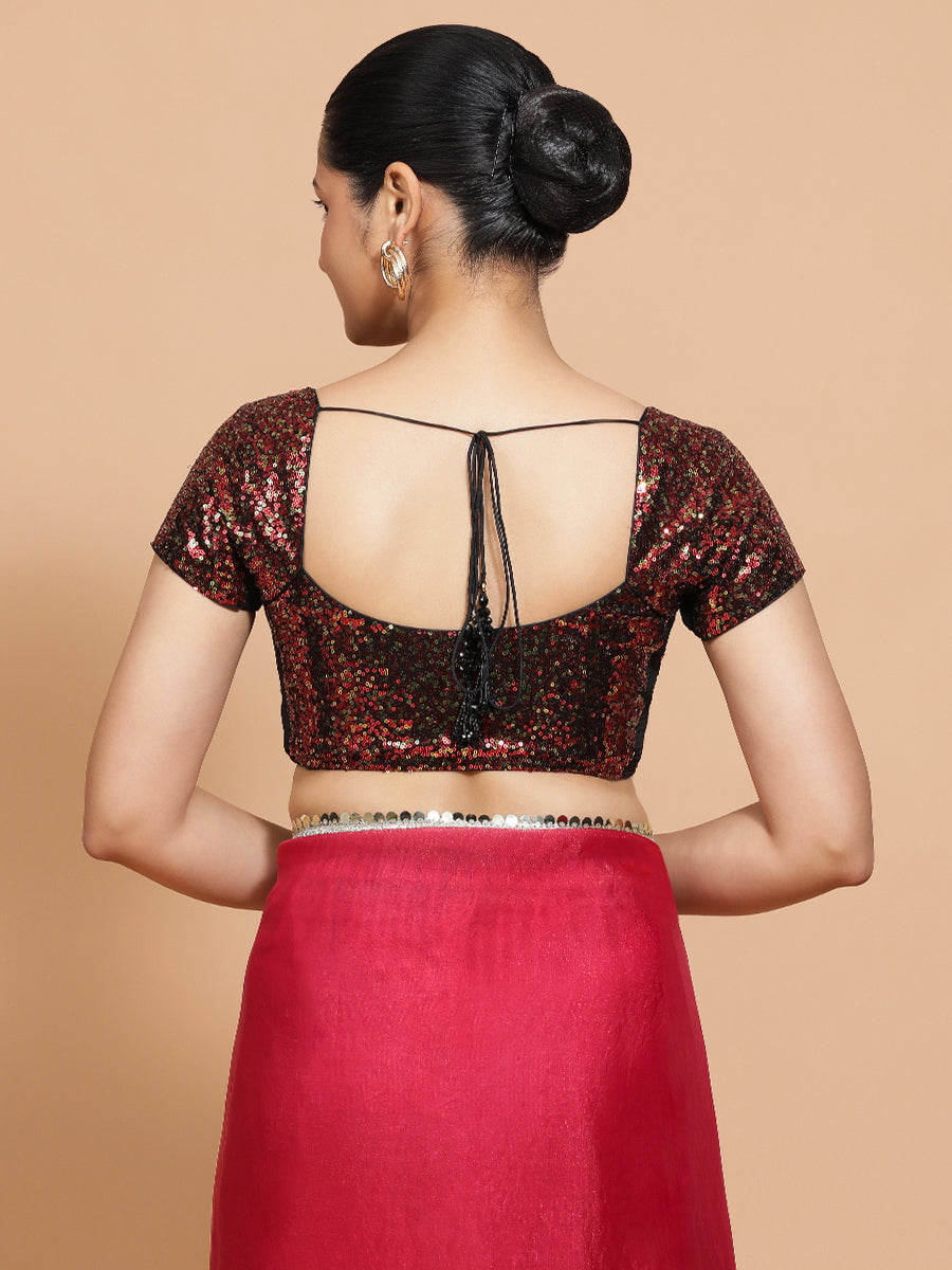 Sakshi x Tyohaar Saree Blouse, in Red Sequin, featuring short sleeves and sweetheart neckline, made for party & festive.