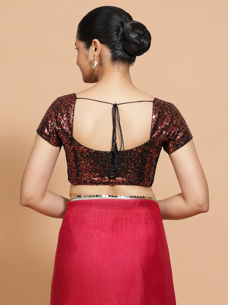 Sakshi x Tyohaar | Cap Sleeves Black & Red Sequined Saree Blouse with Sweetheart Neck-Binks
