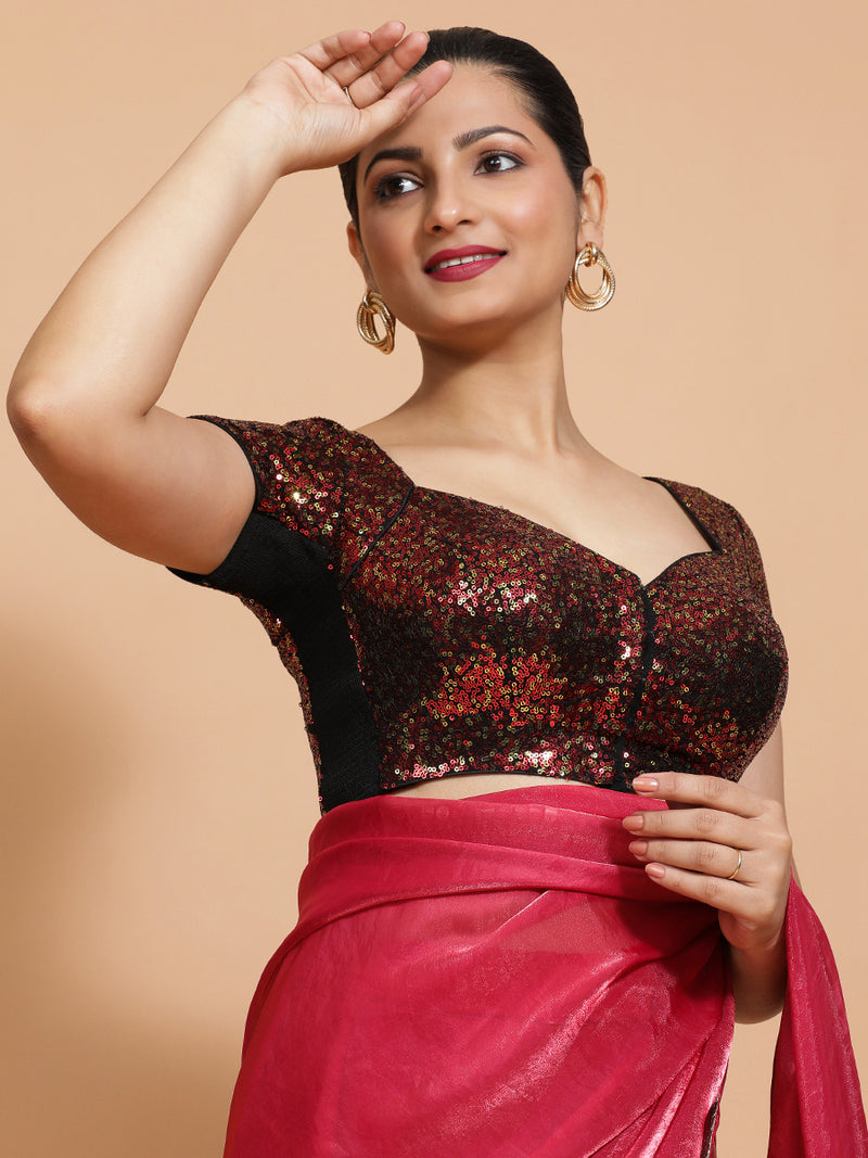 Sakshi x Tyohaar | Cap Sleeves Black & Red Sequined Saree Blouse with Sweetheart Neck-Binks