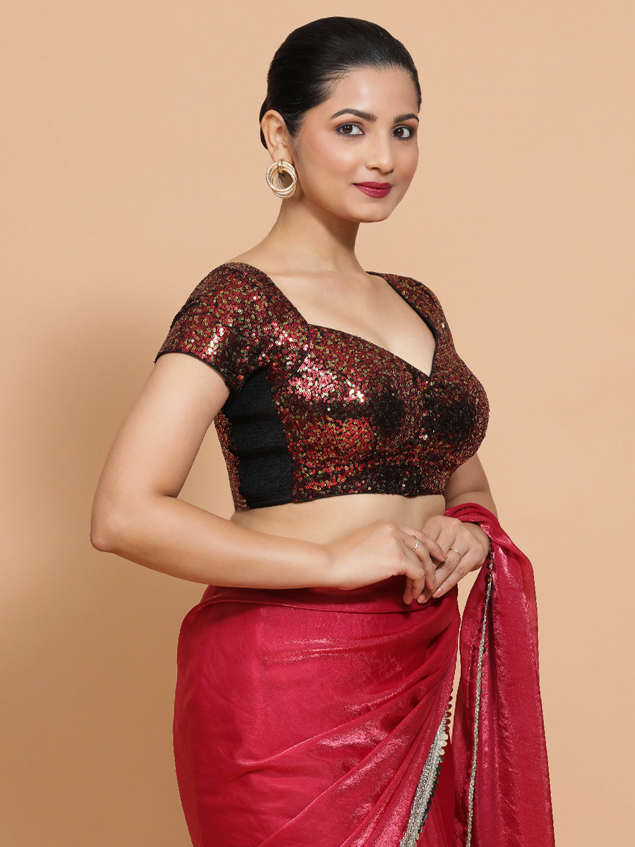 Sakshi x Tyohaar Saree Blouse, in Red Sequin, featuring short sleeves and sweetheart neckline, made for party & festive.
