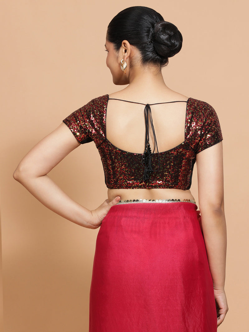 Sakshi x Tyohaar | Cap Sleeves Black & Red Sequined Saree Blouse with Sweetheart Neck-Binks
