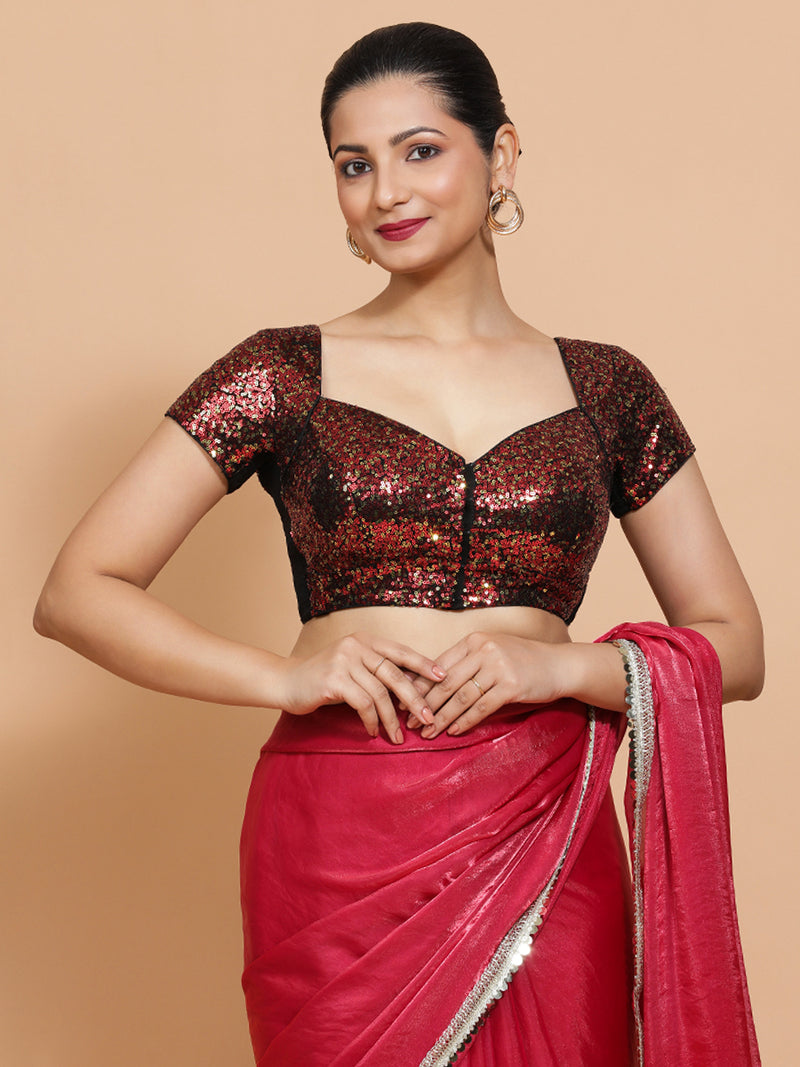 Sakshi x Tyohaar | Cap Sleeves Black & Red Sequined Saree Blouse with Sweetheart Neck-Binks