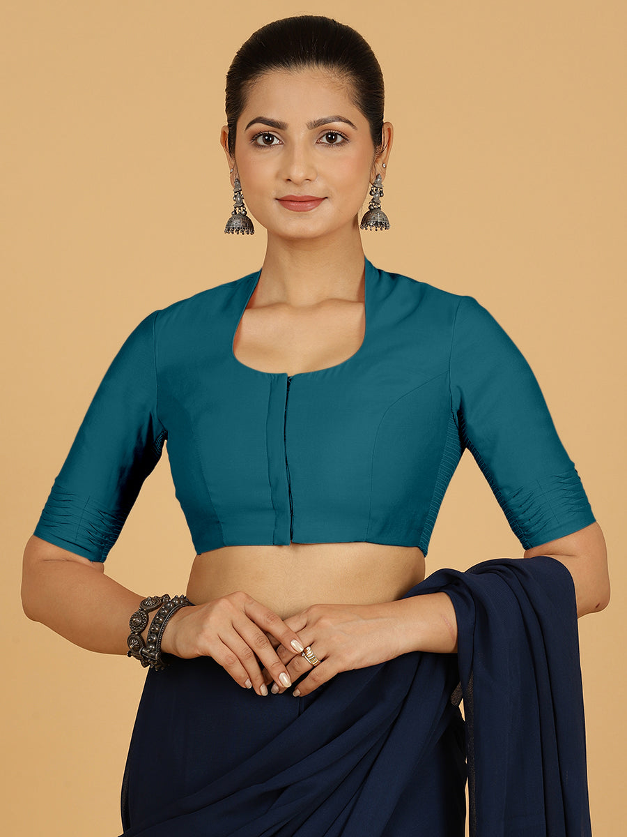 Salma x Rozaana Saree Blouse, in Green Viscose, featuring elbow sleeves and pot neckline, made for daily & work.