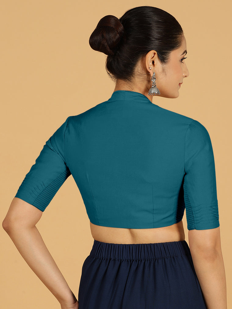 Salma x Rozaana Saree Blouse, in Green Viscose, featuring elbow sleeves and pot neckline, made for daily & work (view 2).