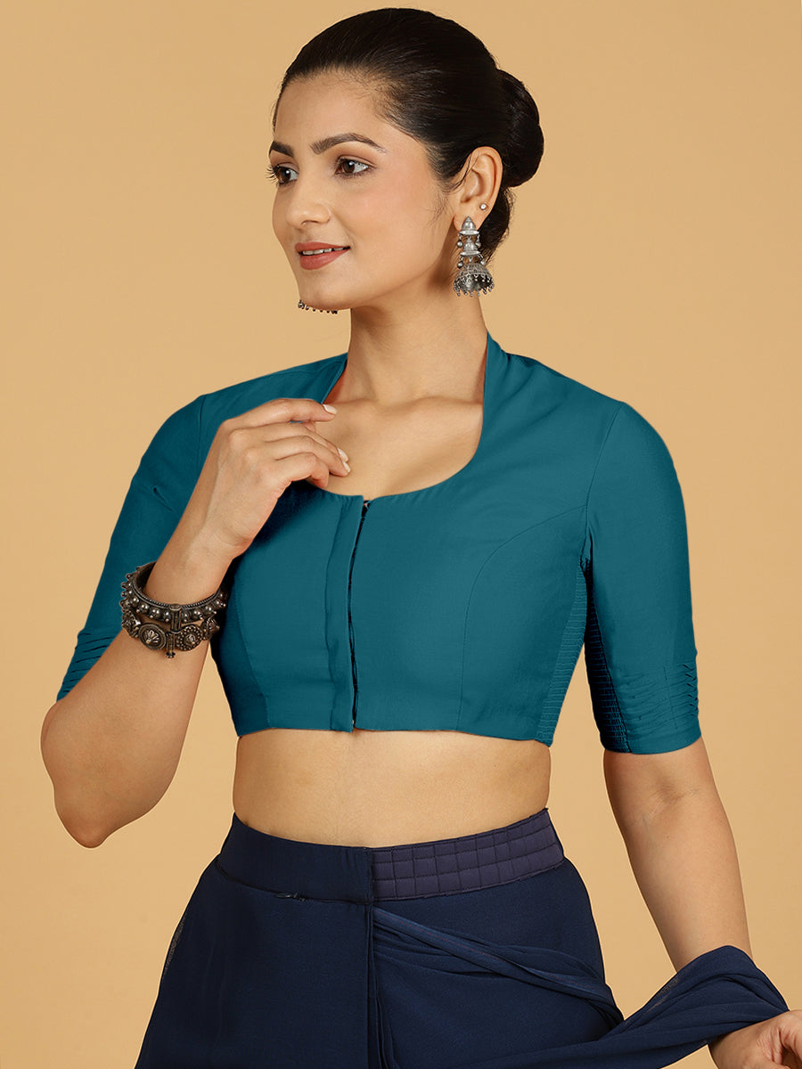 Salma x Rozaana Saree Blouse, in Green Viscose, featuring elbow sleeves and pot neckline, made for daily & work (view 6).