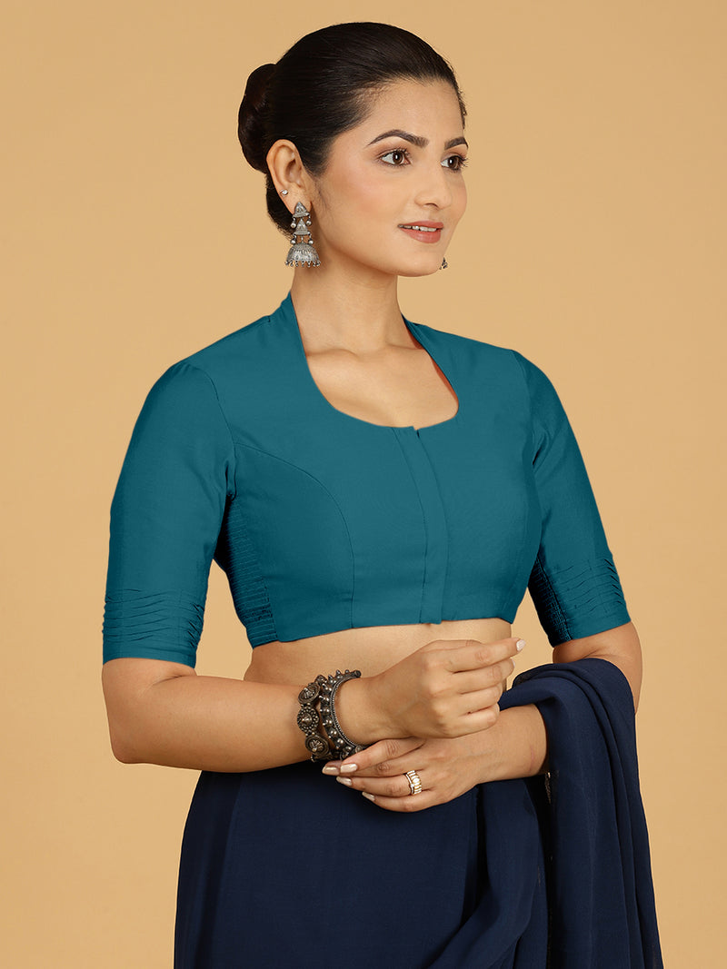 Salma x Rozaana | Elbow Sleeves Saree Blouse in Crystal Teal-Binks