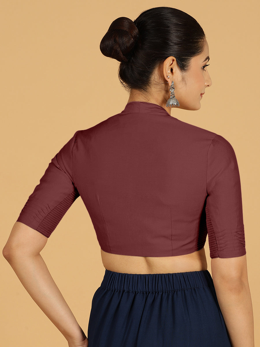 Salma x Rozaana Saree Blouse, in Maroon Viscose, featuring elbow sleeves and pot neckline, made for daily & work (view 2).